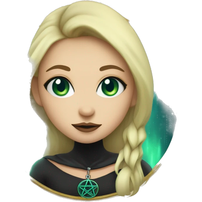 blonde witch girl with green eyes and straight hair with a birthmark above her upper lip wearing a necklace in a form of pentacle with a small blue stone inside doing tarot spread  emoji