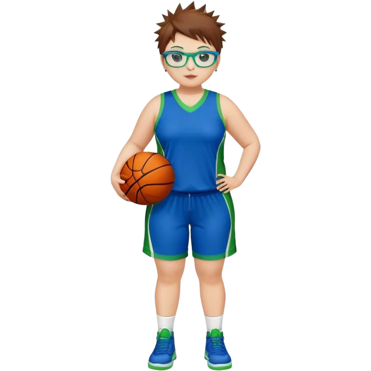 Full Body white plus size Girl with basketball spikey short brown HAIR wearing blue glasses with green eyes wearing blue and green basketball uniform PLAIN emoji