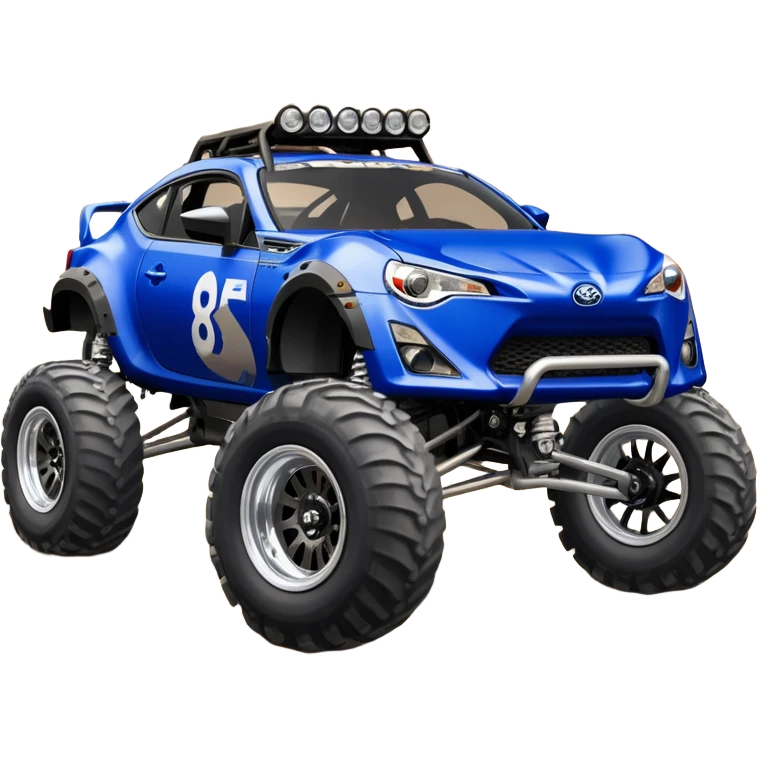 LCG Armored Dirty raced redneck 2013 scion fr-s ultramarine off road 4wd monster truck style Baja dessert stadium rock racer number 86 with sophisticated long travel swing arm suspension, shiny silver wheels, exaggerated wide black fender flares and trailer  emoji