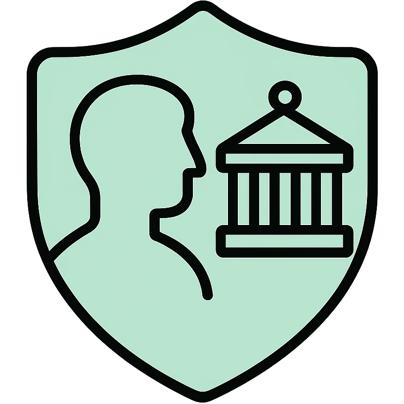Public service badge with profile silhouette and government building, fluid dimensional design, techy style, black outlines with mint green #B5F4D3 fills emoji