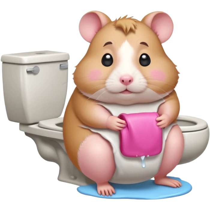 Cute chubby cartoon-style hamster sitting on toilet pooping looking as if he had an accident emoji