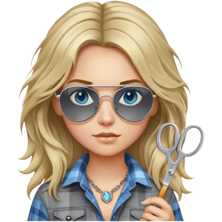 girl with long blond messy hair wearing grey plaid shirt with blue eyes and aviator sunglasses wearing a ring on her silver necklace, holding scissors emoji