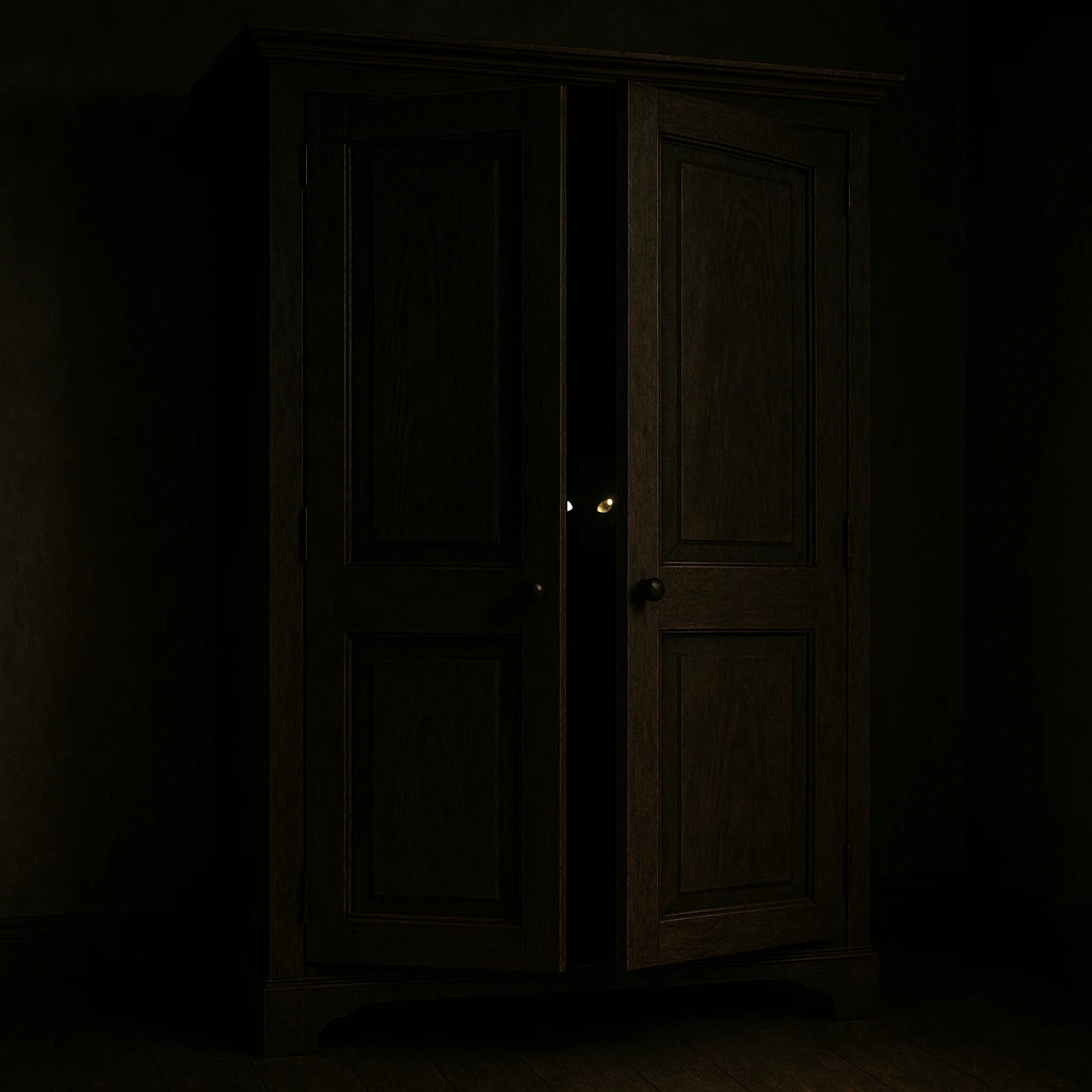 wardrobe doors ajar with eerie eyes shining from the darkness inside, suggesting the boogeyman is lurking emoji