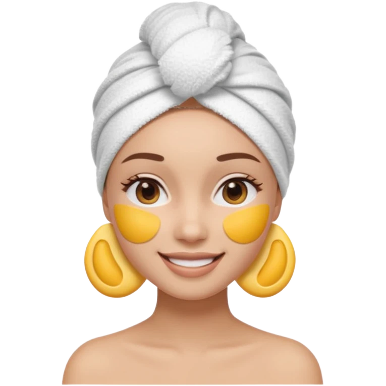 3D emoji style woman with towel head wrap, under-eye patches, smiling softly, clean girl skincare aesthetic, soft studio lighting, smooth skin texture, minimalist beige background, high resolution, PNG emoji