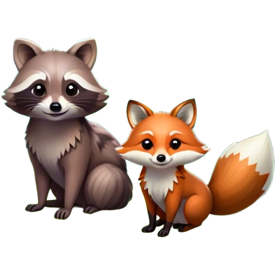 raccoon and a fox among a colorful forest with vibrant green trees, bushes and flowers. The animals are in the foreground, surrounded by a lush, bright forest, with soft sunlight filtering through the leaves. A playful photo-realistic and wild scene with a transparent background. emoji