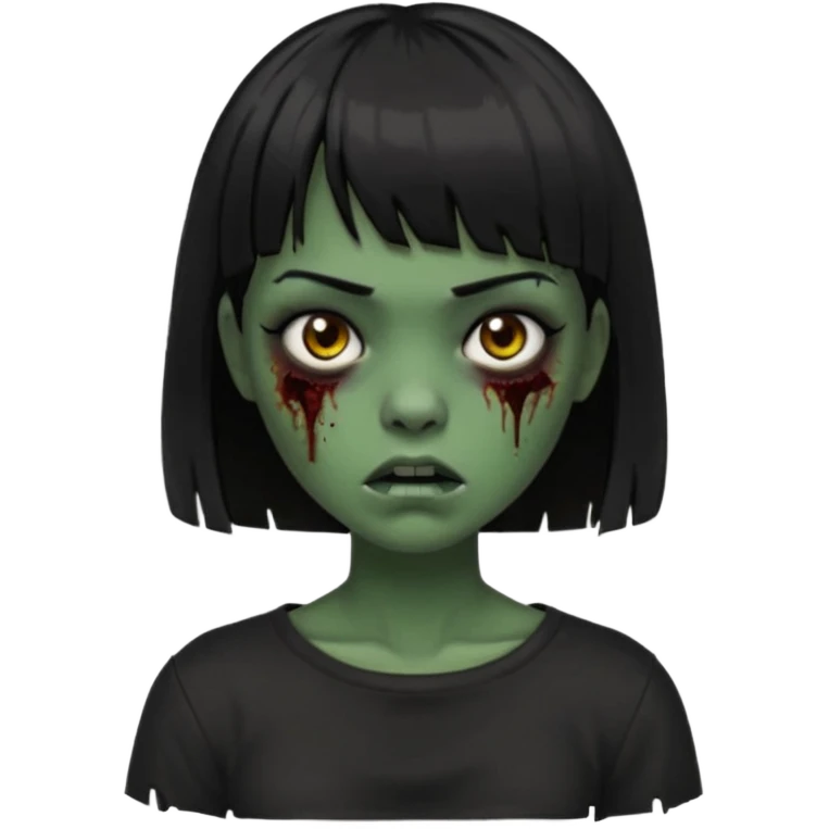 Zombie girl emoji verde escuro com cabelo curto liso preto no ombro e franja na altura da sobrancelha com uma blusa preta emoji