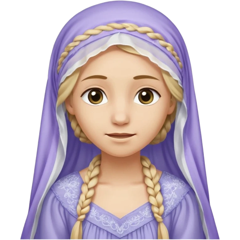 
mujer, Joven, de aspecto dulce y elegante.
Piel clara, ojos grandes y expresivos, sonrisa triste.
Rubio o castaño claro, largo, con trenzas o velo.
Vestido largo cubriendole los zapatos, çde tonos suaves (blanco, azul o lavanda), con bordados dorados; toca fina cubriendo la cabeza. emoji