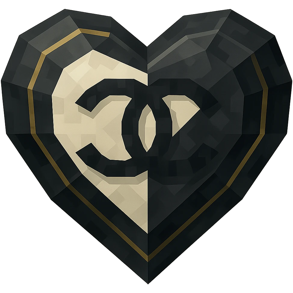 Chanel heart in low poly 3D style, geometric, black and white, with subtle gold highlights emoji