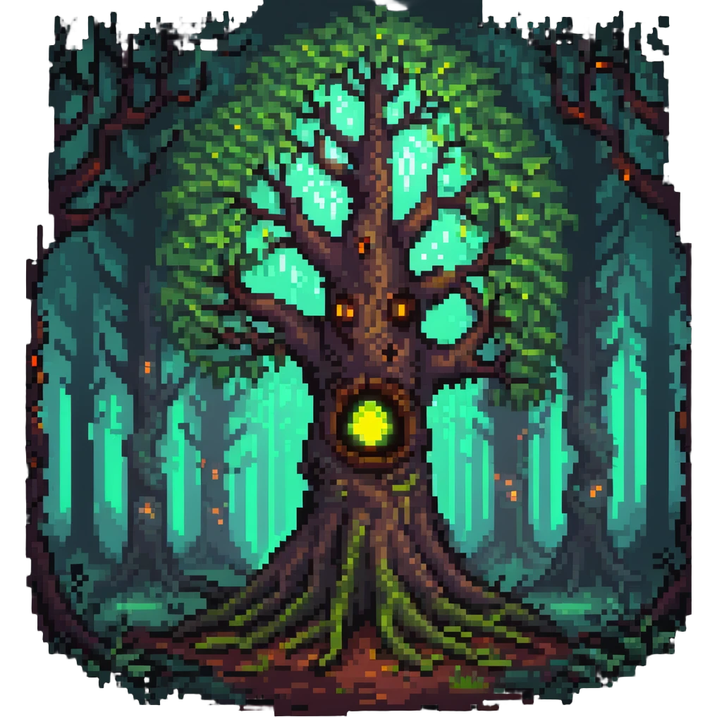 mystical tree with glowing eyes in the trunk, fantasy forest emoji