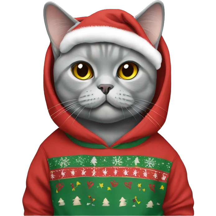 British shorthair cat wearing christmas Sweatshirt  emoji