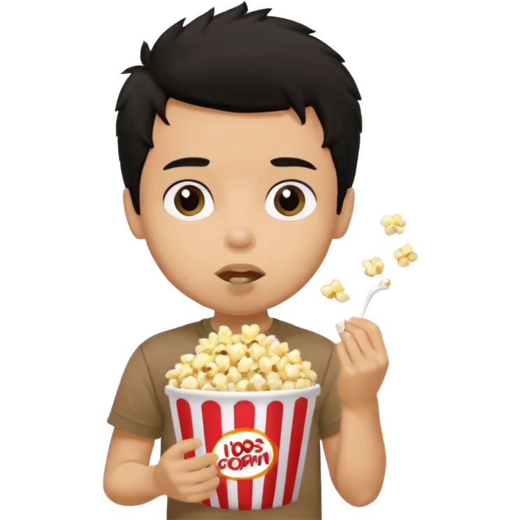 generate a pretty tan bratz boy with a brown tshirt on. eating popcorn. messy black hair emoji