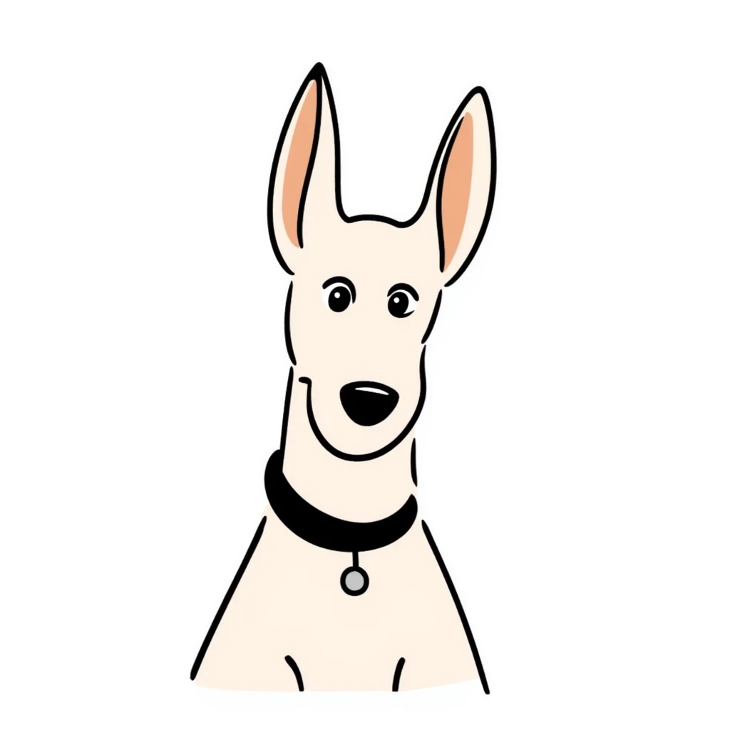A Doberman dog with pointy ears and sleek body in pastel colors (dd9fb0, ffc6d3, a3bfc9, c4bee2, f1b091), hand-drawn doodle style emoji