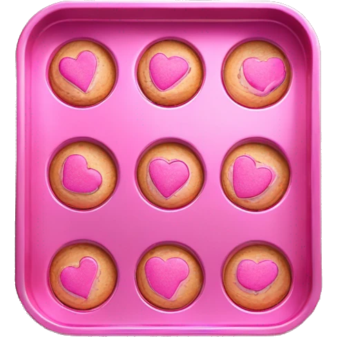 Realistic small isolated metallic pink baking pan with pink cookies inside.  emoji