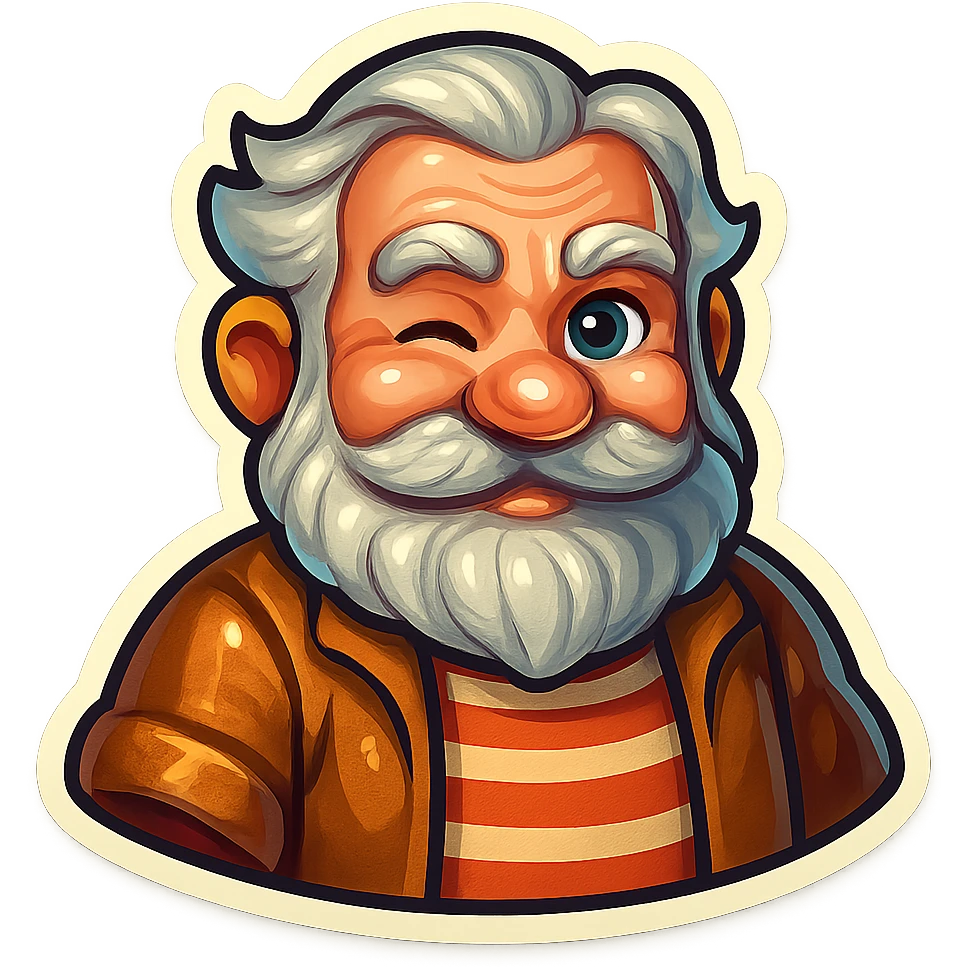 A dwarf with gray hair, a gray mustache, a gray beard, and gray eyebrows. He has blue eyes and wrinkles on his forehead. He is wearing a striped t-shirt and a brown jacket. The dwarf is displaying a wink emotion. emoji