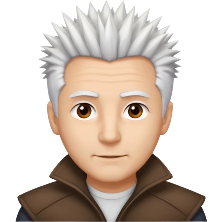 A light-skinned man with spiky white hair, brown eyes, and a slight smile. emoji