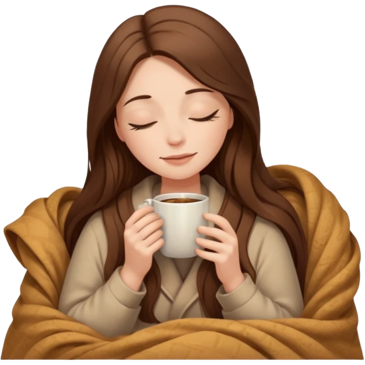 long brown hair woman closed eyes covered with cozy beige blanket, holding cup of coffee, autumn mood emoji