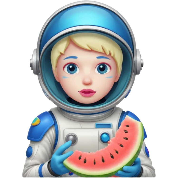 Neon pink and blue spaceman eating melon looking suspicious emoji