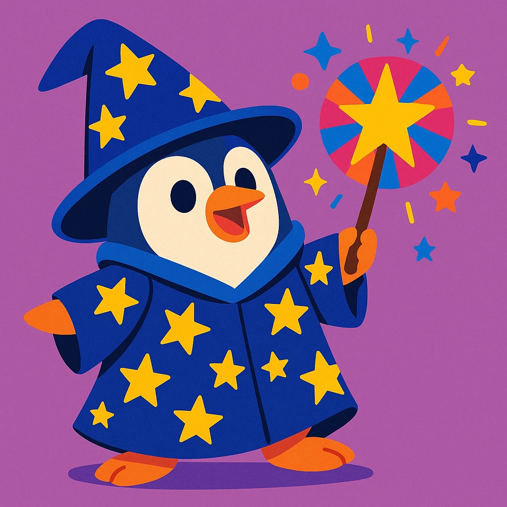cute penguin wizard casting a spell, wearing a starry robe and holding a wand, colorful cartoon style, vibrant colors emoji
