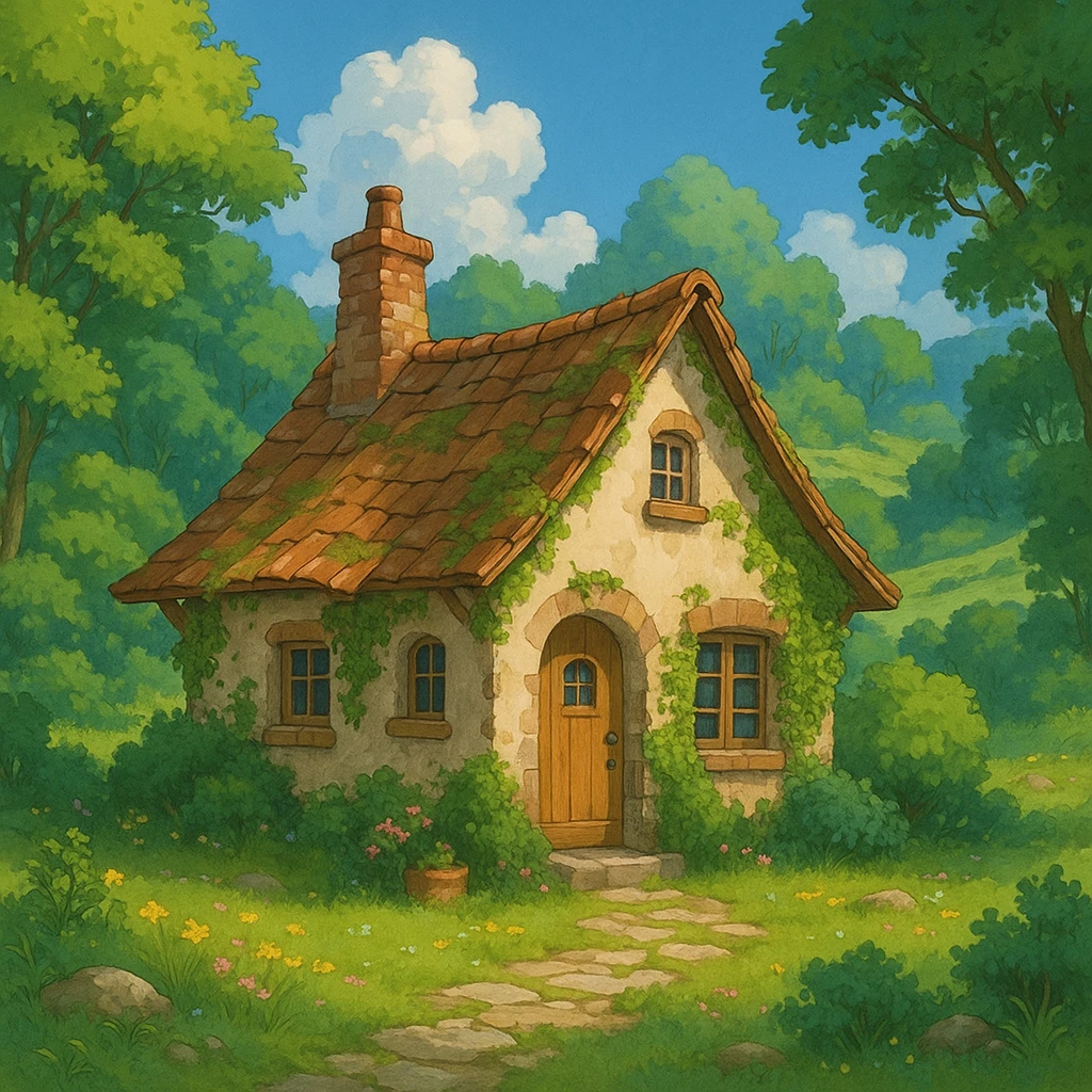 a cozy cottage in a magical landscape with lush greenery in Ghibli style emoji