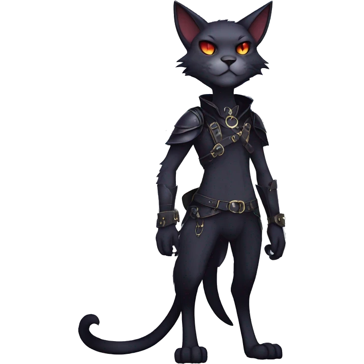cool edgy anthro fantasy dark-shadow-themed animal vampiric cat hybrid Fakemon  with a harness and collar full body emoji