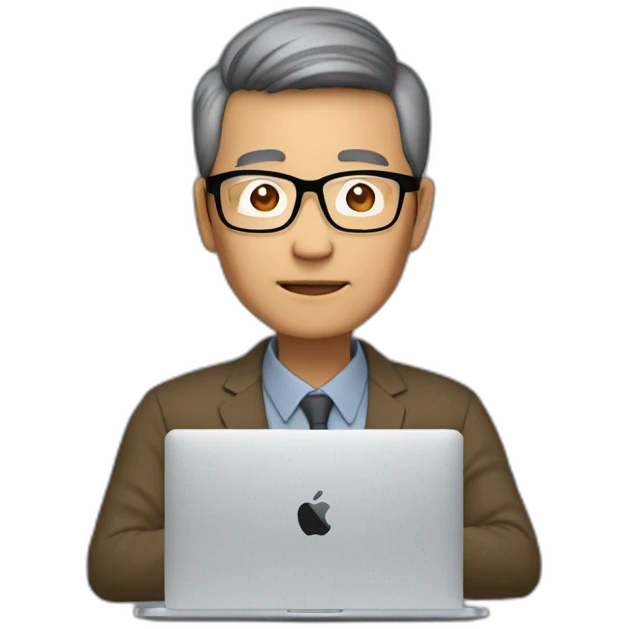 Aged 48 Asian Guy with semi-rimless glasses coding on the macbook emoji