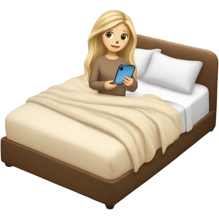 white girl with long hair in a bed with beige comforter on her phone emoji