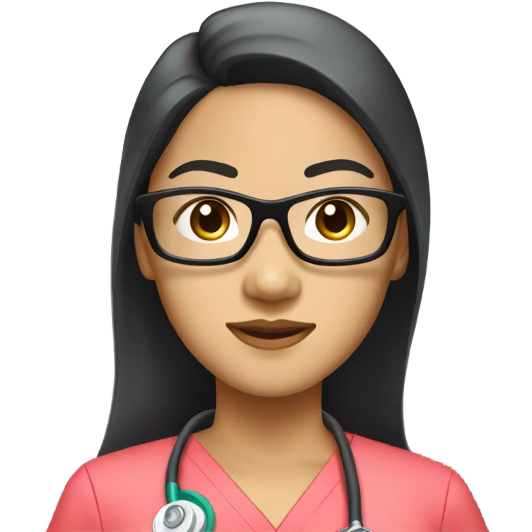 Asian nurse with long straight black hair and tan skin and clear glasses in scrubs emoji