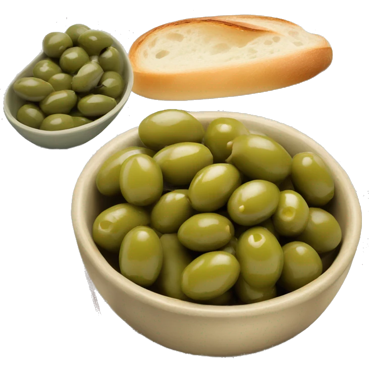 bowl of green olives beside a sliced baguette with butter   emoji