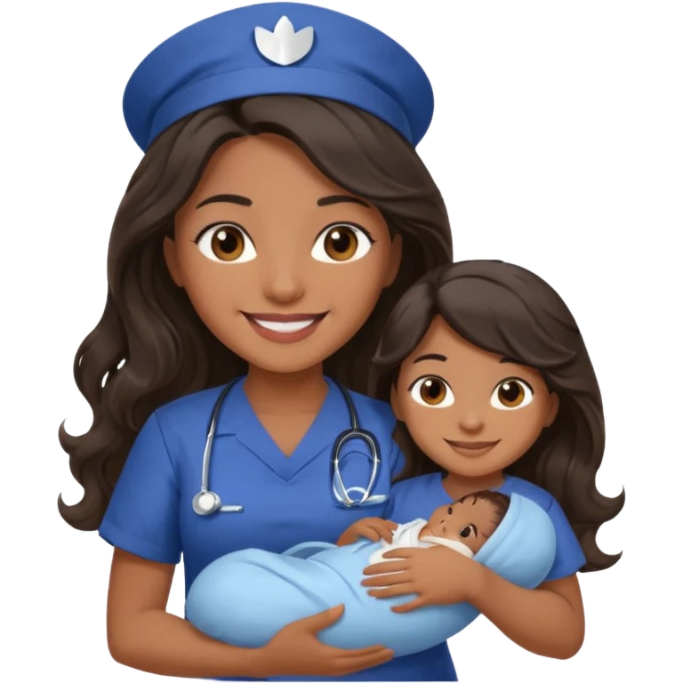 Female nurse smiling with long dark wavy hair with medium brown skin and brown eyes holding one new born with navy blue short sleeves emoji