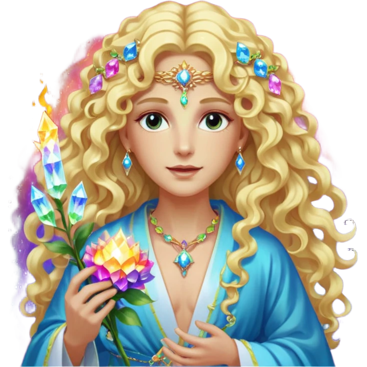 a being made of light pleidian nordic long faces and curly huge thick blond hair but beautiful features of light wearing jewels and a rainbow halo like a saint arount her a robe on made of light and gem  transparent belly dancer and who is lanky holding a bouquet of crystal flowers on rainbow fire emoji