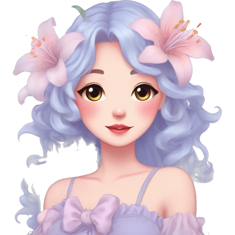 Gorgeous pastel anime style lady with blushing face and lilies cottagecore fairycore pastelcore colorful pearly romantic simplistic aesthetic trending style emoji