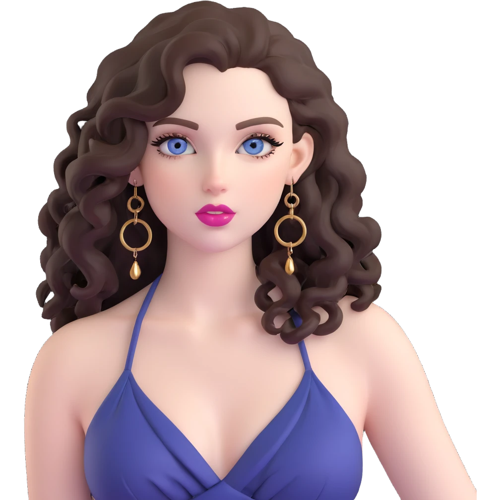 beautiful girl with big blue-grey eyes, long lashes, pale skin, pink lips, long voluminous dark brown curls, confident expression, gold hoop earrings, silky revealing halter top emoji