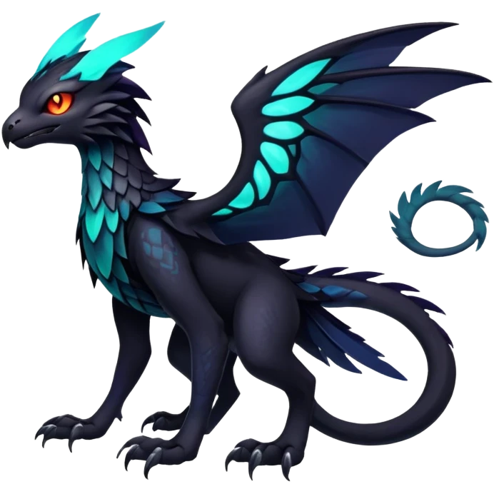Black Dark Exotic Tropical Beaked Feathery Nocturnal Neon-glowing Abyssal Nightly Abyss-Cat-Gryphon-Noivern-Salandit-Silvally-akémon Creature (full body) emoji