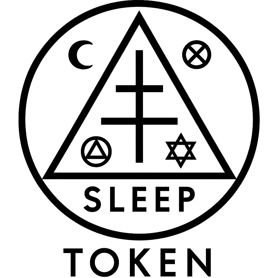 geometric Sleep Token logo with subtle occult symbols, modern style, black and white emoji