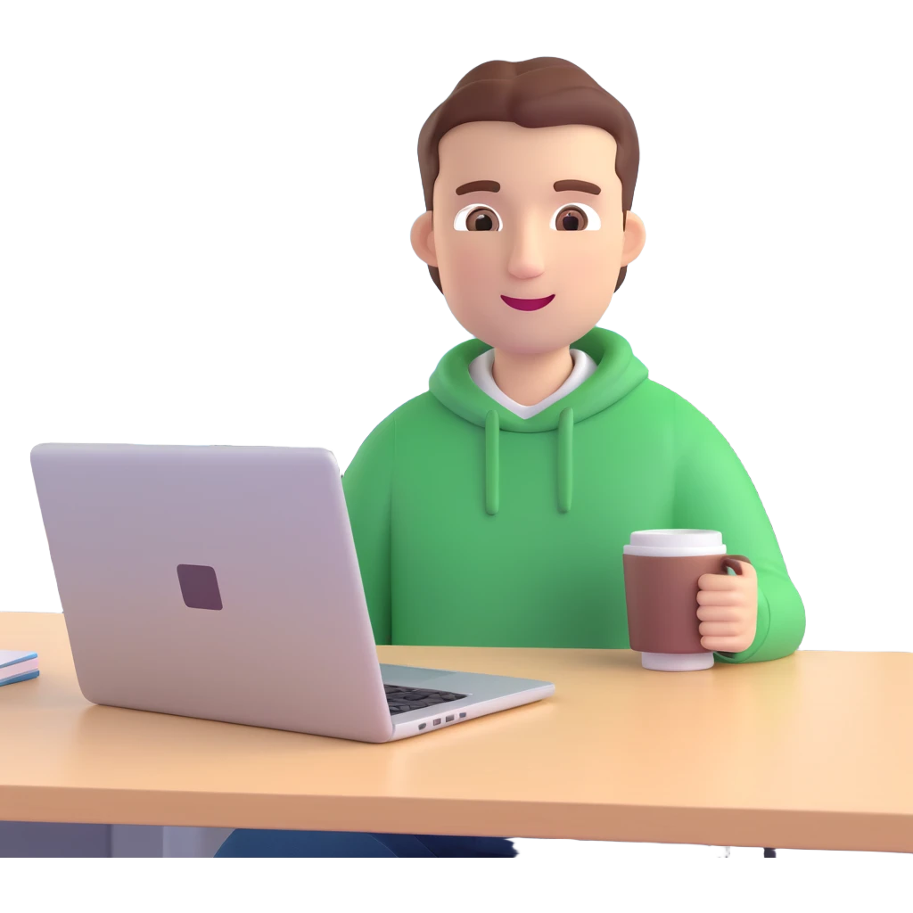 professional programmer, looking confident and happy, in a modern workspace, with a laptop and coffee mug, 3D animation style emoji