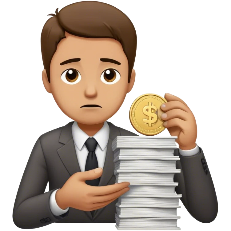 enerate an emoji of a sad business owner handing over a giant stack of work in exchange for a single tiny coin. The character looks frustrated and disappointed, representing undervaluing their services emoji