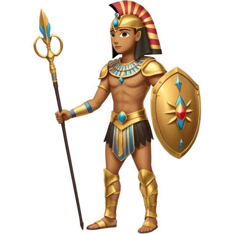 fullbody egyptian ancient soldier with spear and golden armor, holding shield emoji