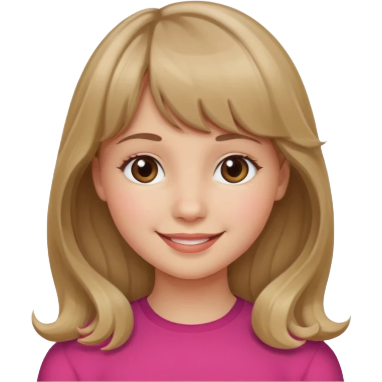 A girl with wavy, dark blonde hair, straight bangs, and straight eyes. She is smiling. emoji