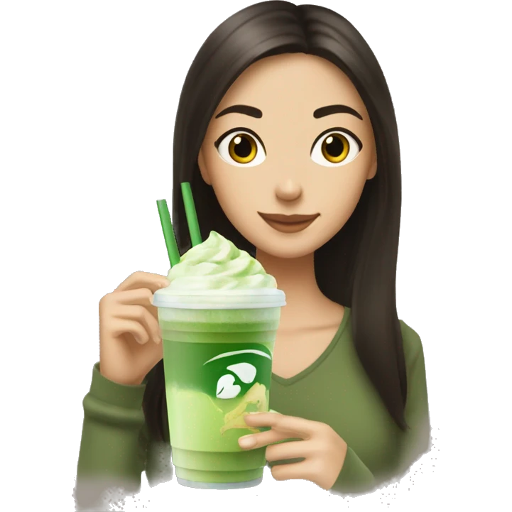 iced matcha latte with a brunette girl sipping it emoji
