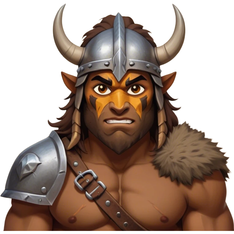 Clash of Clans aesthetic: Cinematic Fierce Barbarian Portrait Emoji, Poised and bold with a rugged yet cartoonish build in tattered furs and a horned helmet, expressive bright eyes and a confident smirk, Simplified yet dynamic features, highly detailed, glowing with a vivid, adventurous aura, high shine, heroic and spirited, stylized with an air of medieval warrior charm, focused and energetic, soft glowing outline, capturing the essence of a fearless barbarian adventurer ready to lead his clan with spirited valor! emoji
