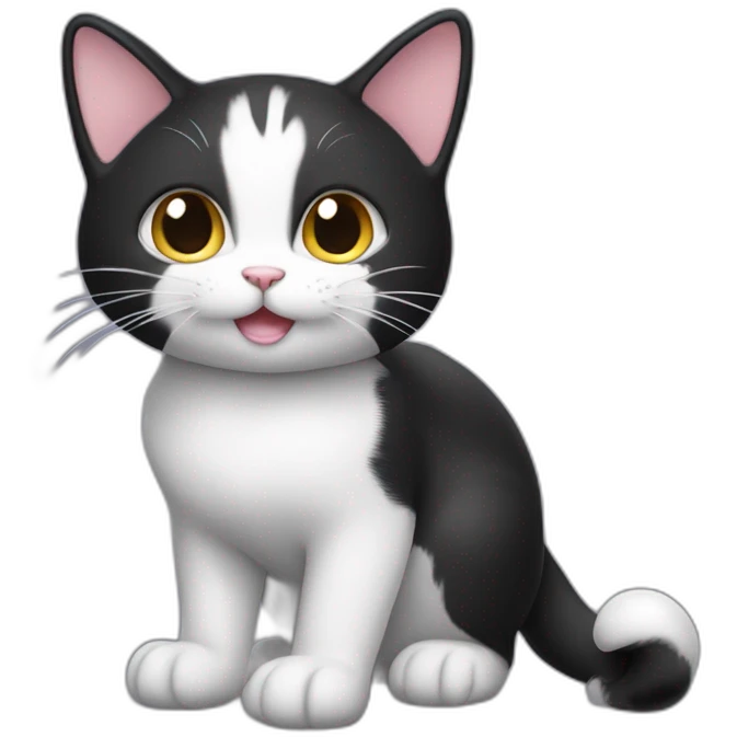 Cute happy Tux cat,her tail is raised, and the tip of the tail is a small white ball. emoji