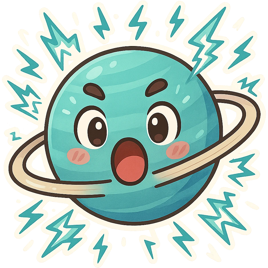 Uranus planet emoji with a face, electric like lightning, blue-green color, chaotic energy, rings, expressive features showing surprise or excitement, symbolizing unexpected change emoji
