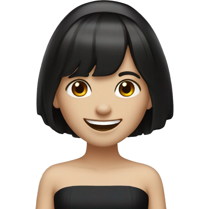 bride with very pale skin dark brown straight short hair black dress and bangs laughing emoji