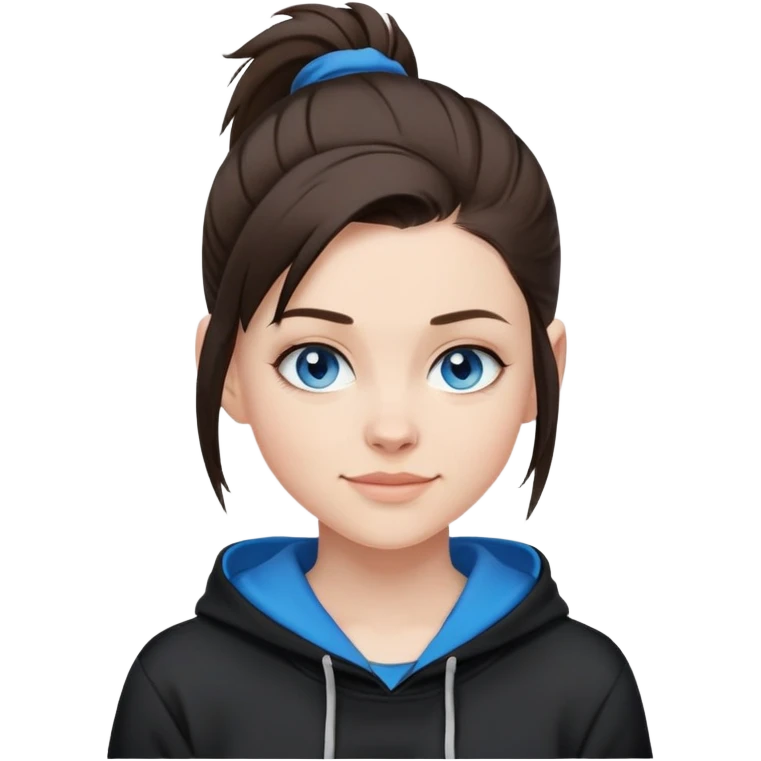 brunette short hair that is shaved on the sides and the top up in a short pony tail. this girl needs blue eyes and a black hoodie. i want her to be smirking emoji