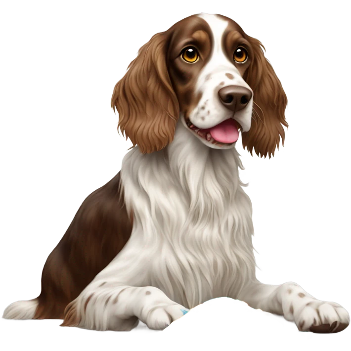 Brown and white English setter eating lucky charms emoji