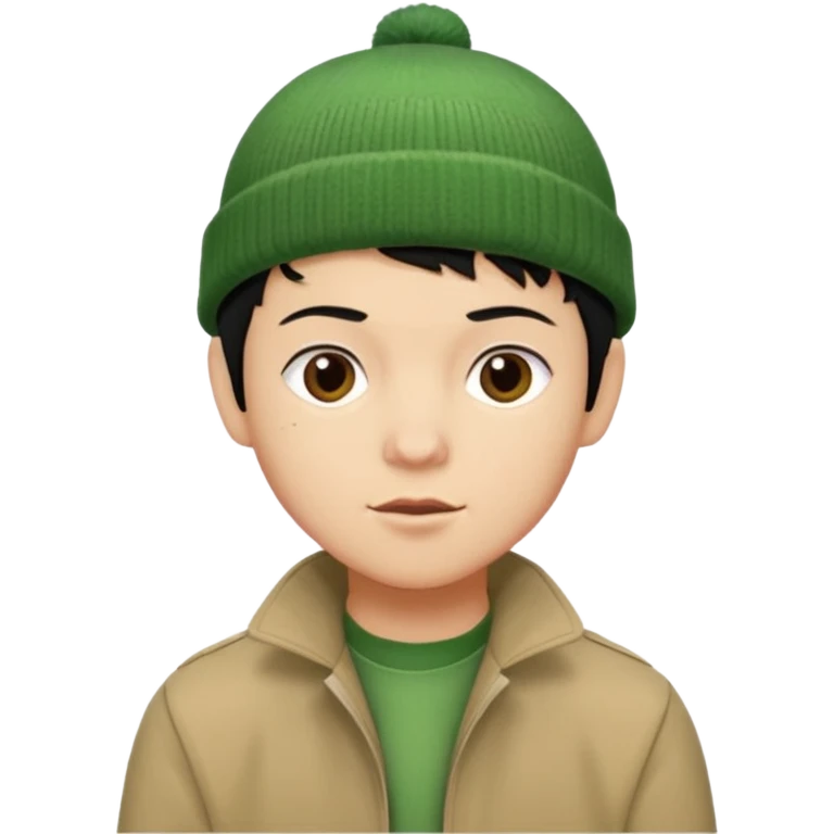 young man with pixie cut black hair, green beenie hat, tan jacket and pork chop sideburns emoji