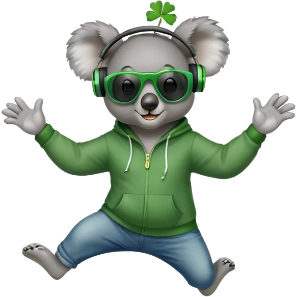 anthropomorphised koala, full body, wearing a hoodie and jeans, dark sunglasses, headphones, dressed for St. Patrick's Day, jumping in a different pose emoji
