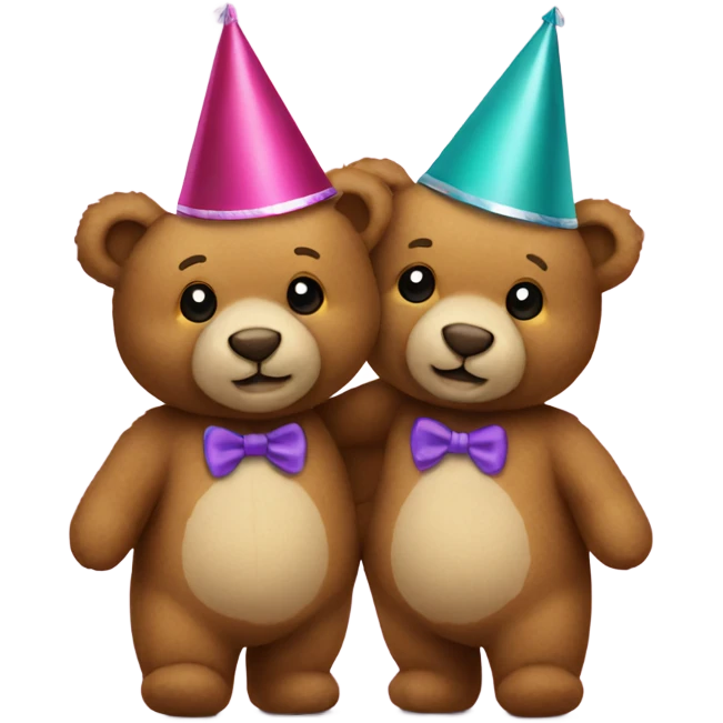2 teddy bears wearing party hats and holding hands emoji