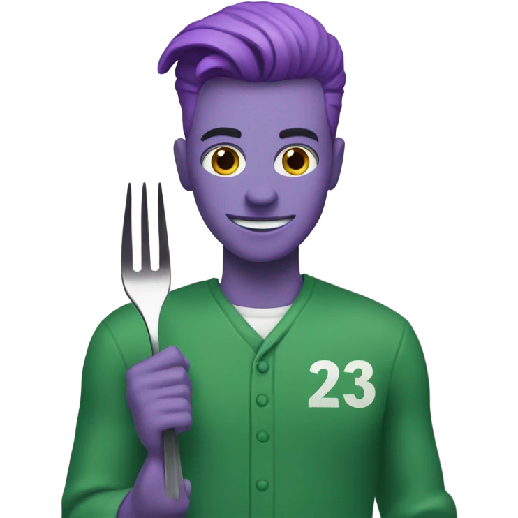 A man with purple hair and he is wearing a green jumpsuit with the number 230 on his jumpsuit. He also is holding up a fork emoji