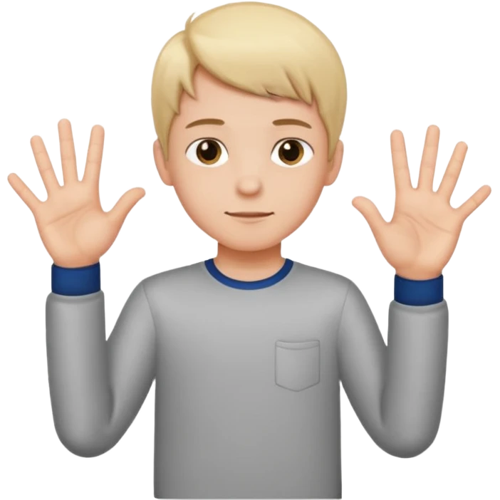 A boy with hands side to side with a six on the left and a seven on the right emoji